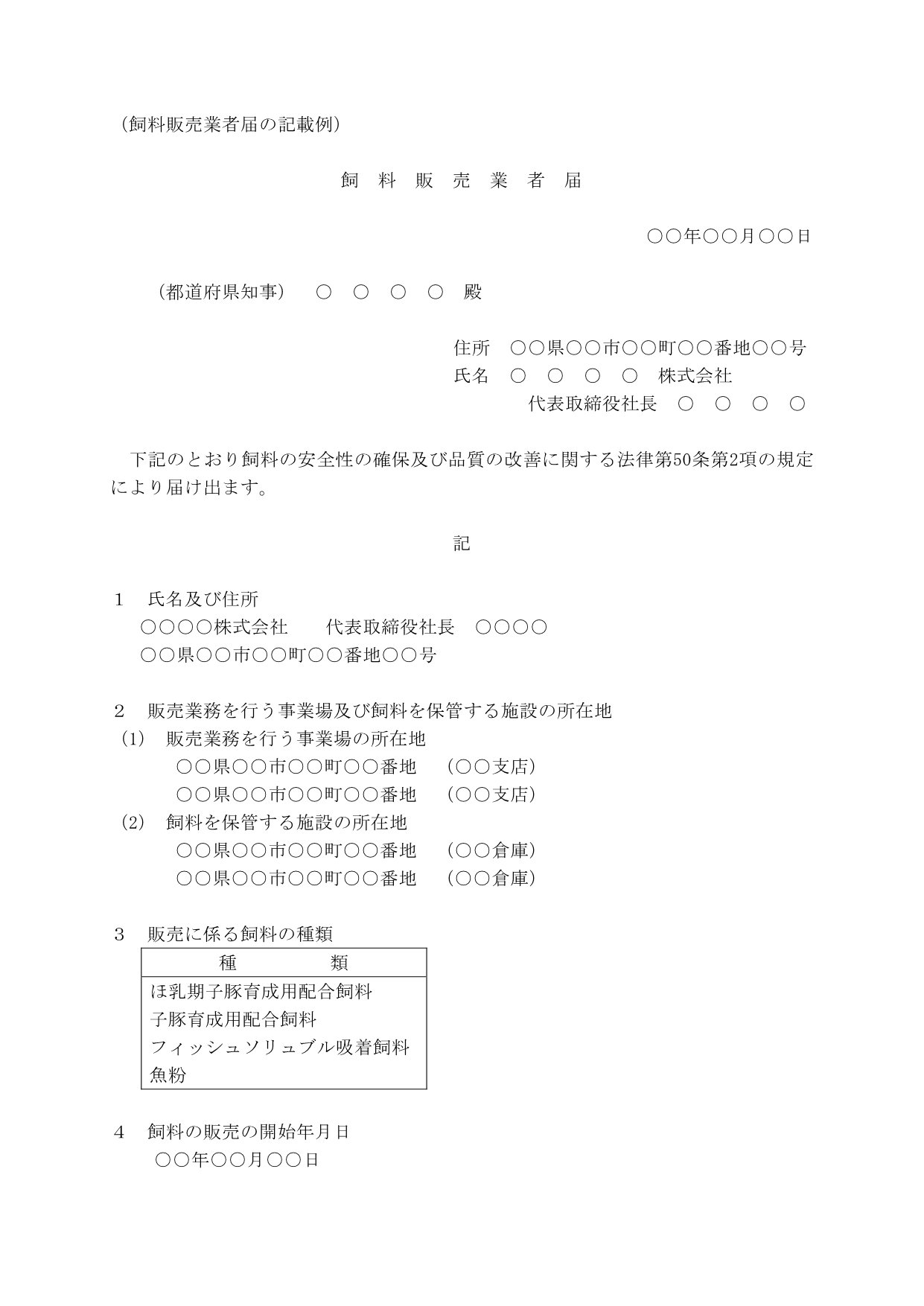 飼料販売業者届記載例