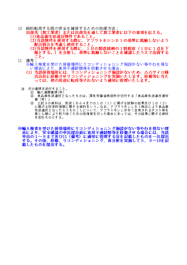 輸入検査時のアフラトキシン分析結果が20μg/kg超の別記仕様1の2