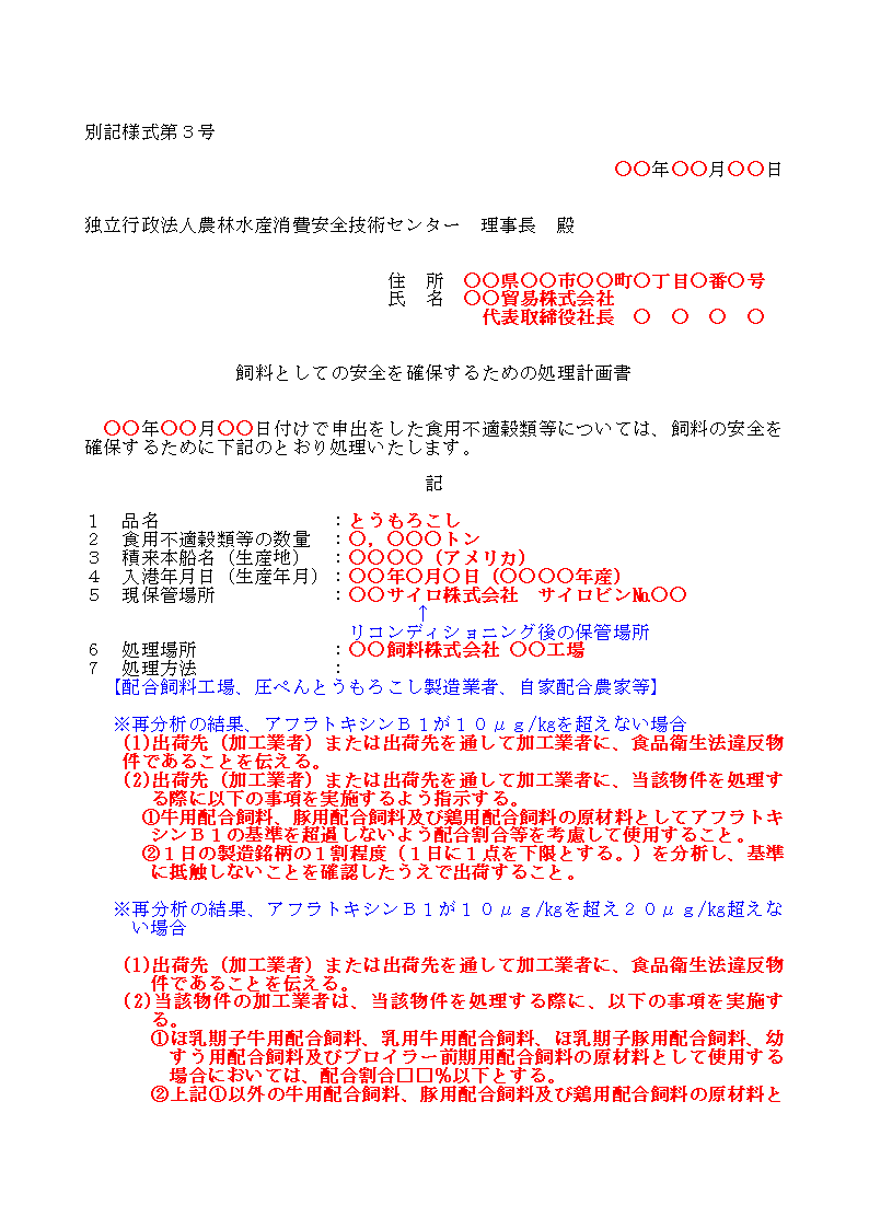 輸入検査時のアフラトキシン分析結果が20μg/kg超の別記仕様3の1