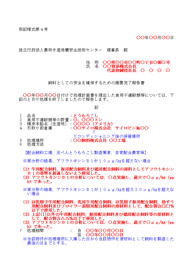 輸入検査時のアフラトキシン分析結果が20μg/kg超の別記仕様4の1