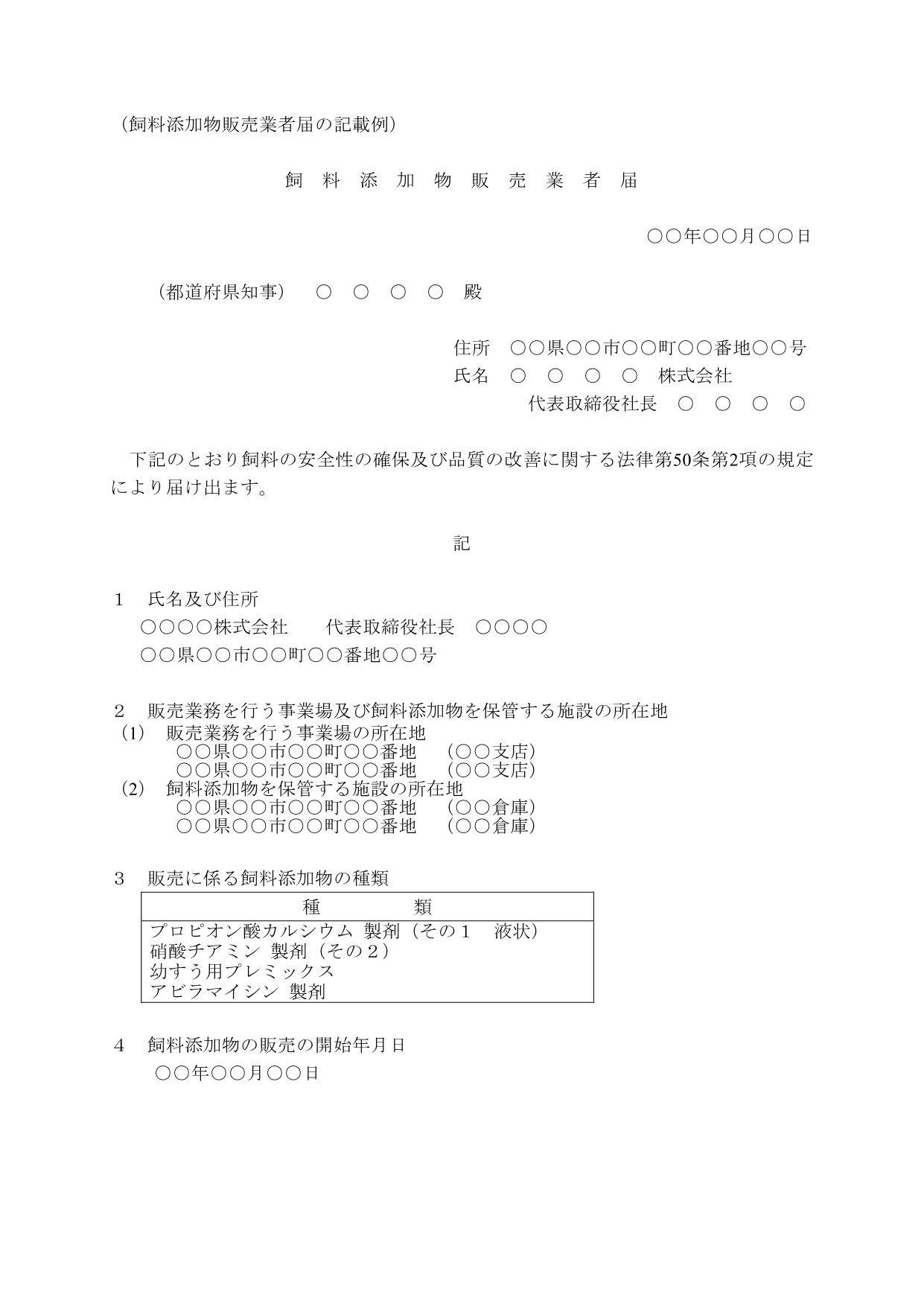 飼料添加物販売業者届記載例