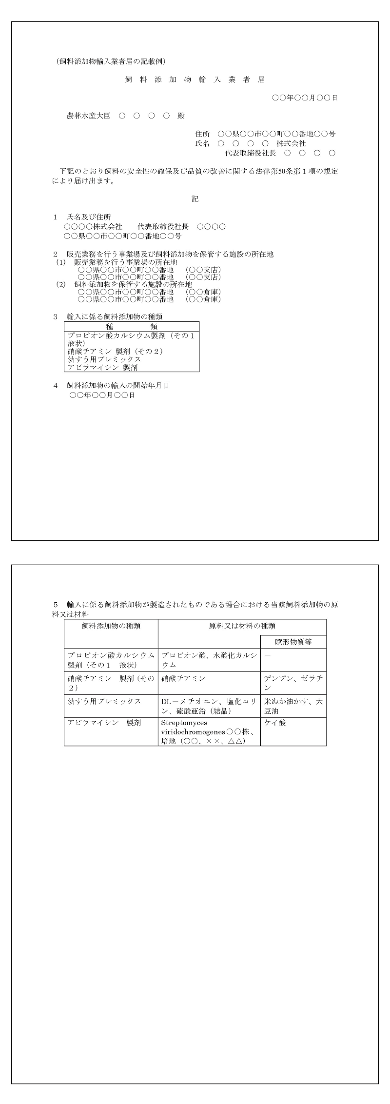 飼料添加物輸入業者届記載例