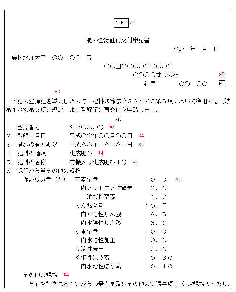 肥料登録証再交付申請書、肥料仮登録証再交付申請書の様式